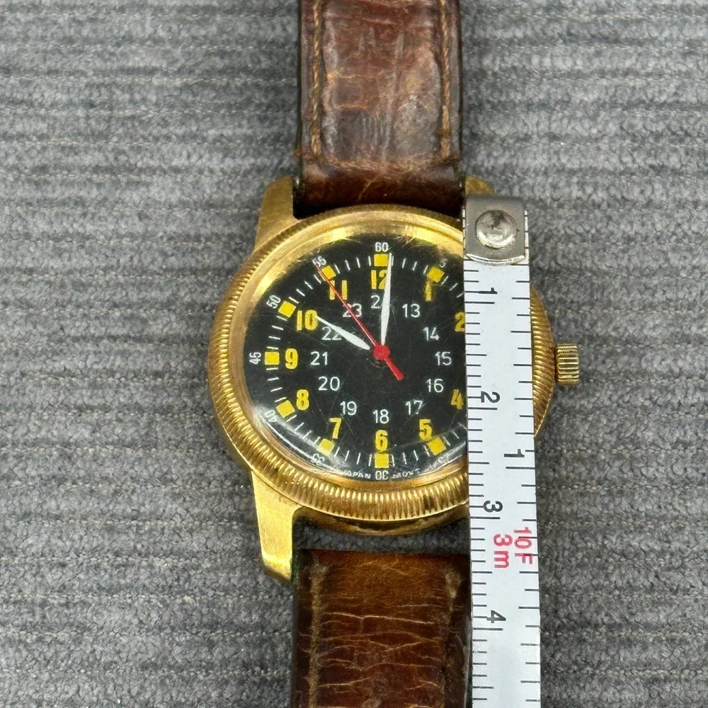 Vintage Military Field Watch Gold Tone Black Dial Japan Movt Brown Leather Strap